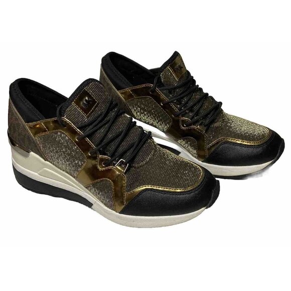 MK Logo Michael Kors 7.5 Wedge Heel Trainer Sneakers Black & Bronze Shoes - Picture 2 of 8